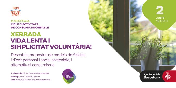 Cartel de taller sobre vida lenta y simplicidad voluntaria (Toni Lodeiro, Barcelona, junio de 2020)